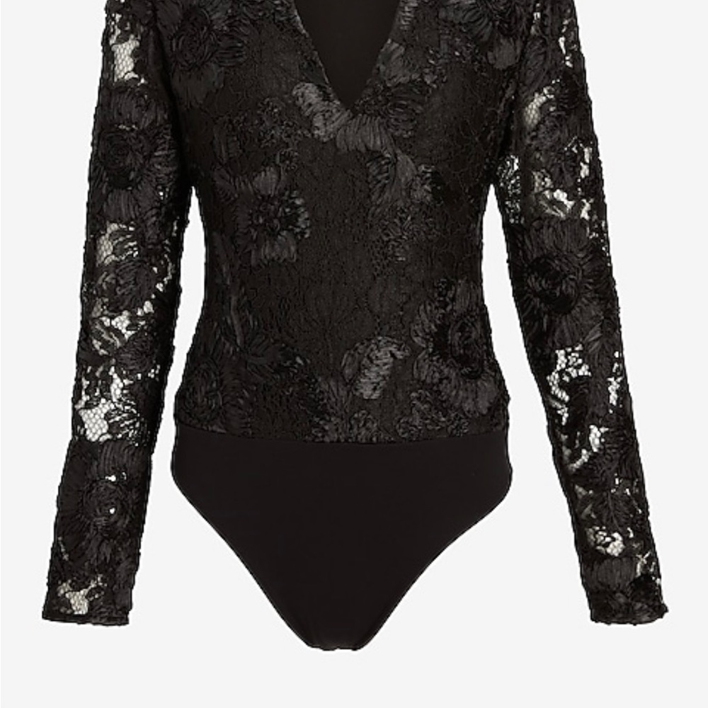 Woman express black Lace Embroidered V-neck Long sleeve thong bodysuit small - Picture 4 of 5